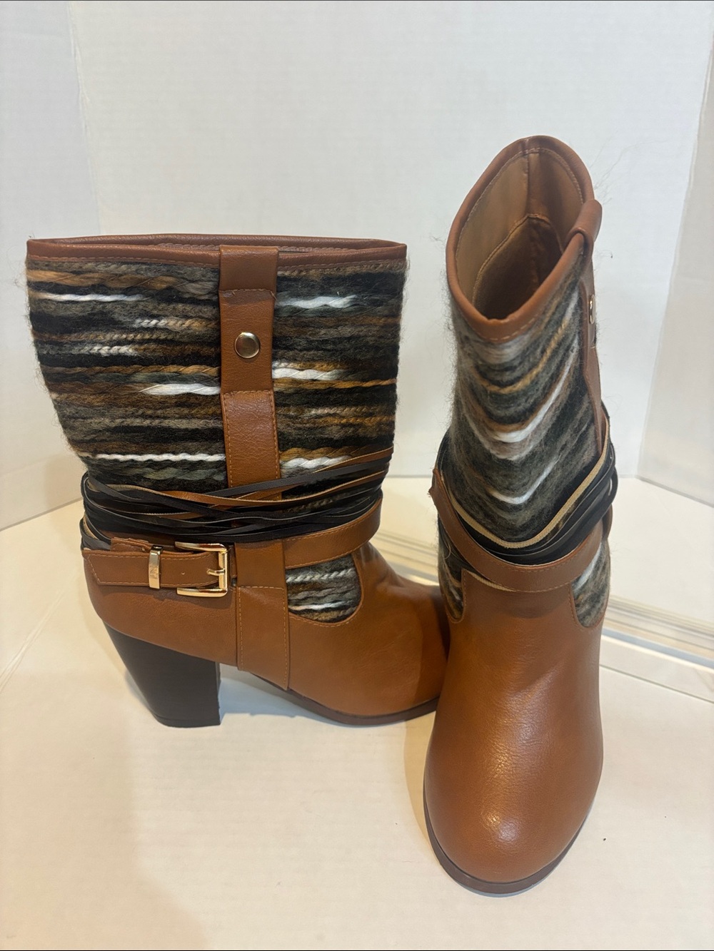 Francesca’s Collections Brown Heeled Mid-Calf Boots Woven Sweater Cuff Size 8
